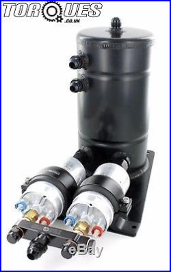 BLACK Twin Bosch 044 Fuel Pumps Aluminium Surge Swirl Pot Tank Assembly AN8/AN10
