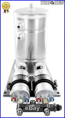 Twin Bosch 044 Fuel Pumps Aluminium Surge Swirl Pot Tank Assembly AN8/AN10 BLACK