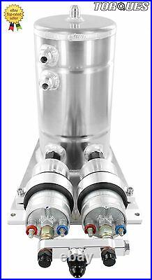 Twin Bosch 044 Fuel Pumps Aluminium Surge Swirl Tank Assembly AN8/AN10 SILVER